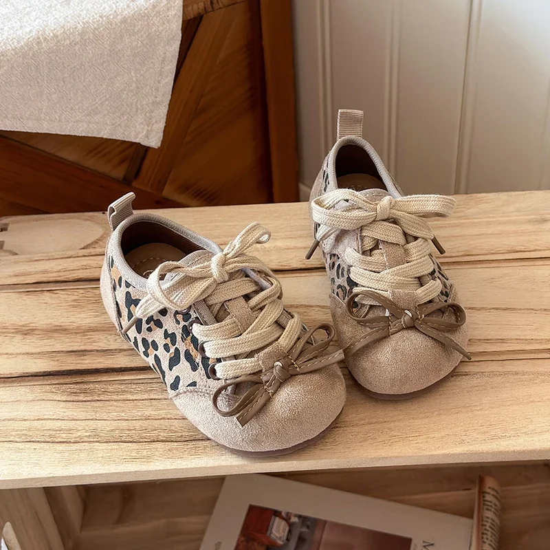 Toddler Kids Leopard Print Sneakers, Faux Suede Lace Up Casual Shoes, Non-Slip Soft Sole Baby Walking for Boys Girls Daily Wear