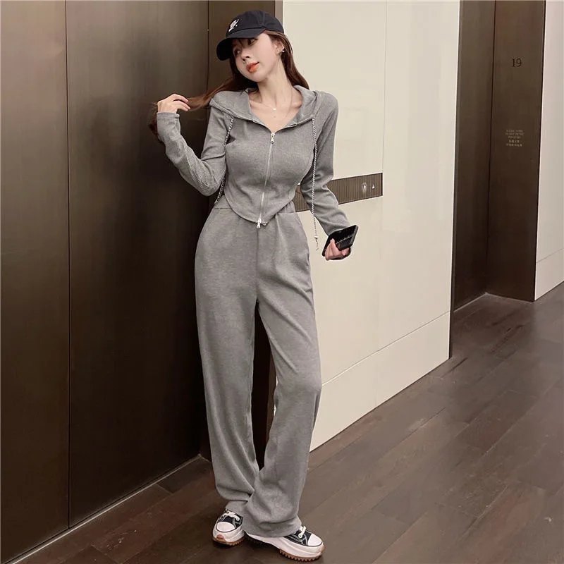 Autumn Women Lady Sets Solid Tracksuit Suit Long-sleeved Zipper Cardigan Hooded crop top Jacket + wide leg Trousers Two-piece