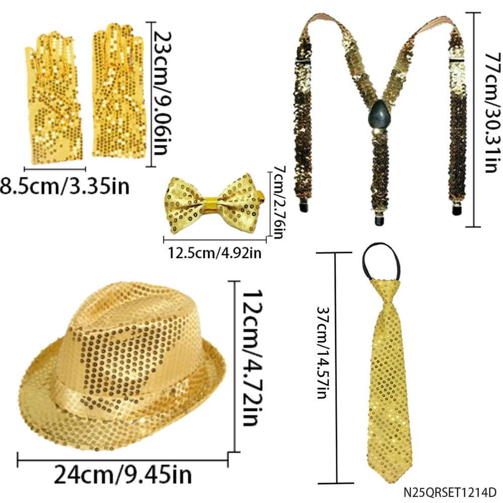 Zestaw Kostiumowy w Stylu Retro z Lat 90. z Złotymi Cekinami: Kapelusz Fedora, Szelki, Krawat, Muszka, Rękawiczki, Akcesoria Imprezowe