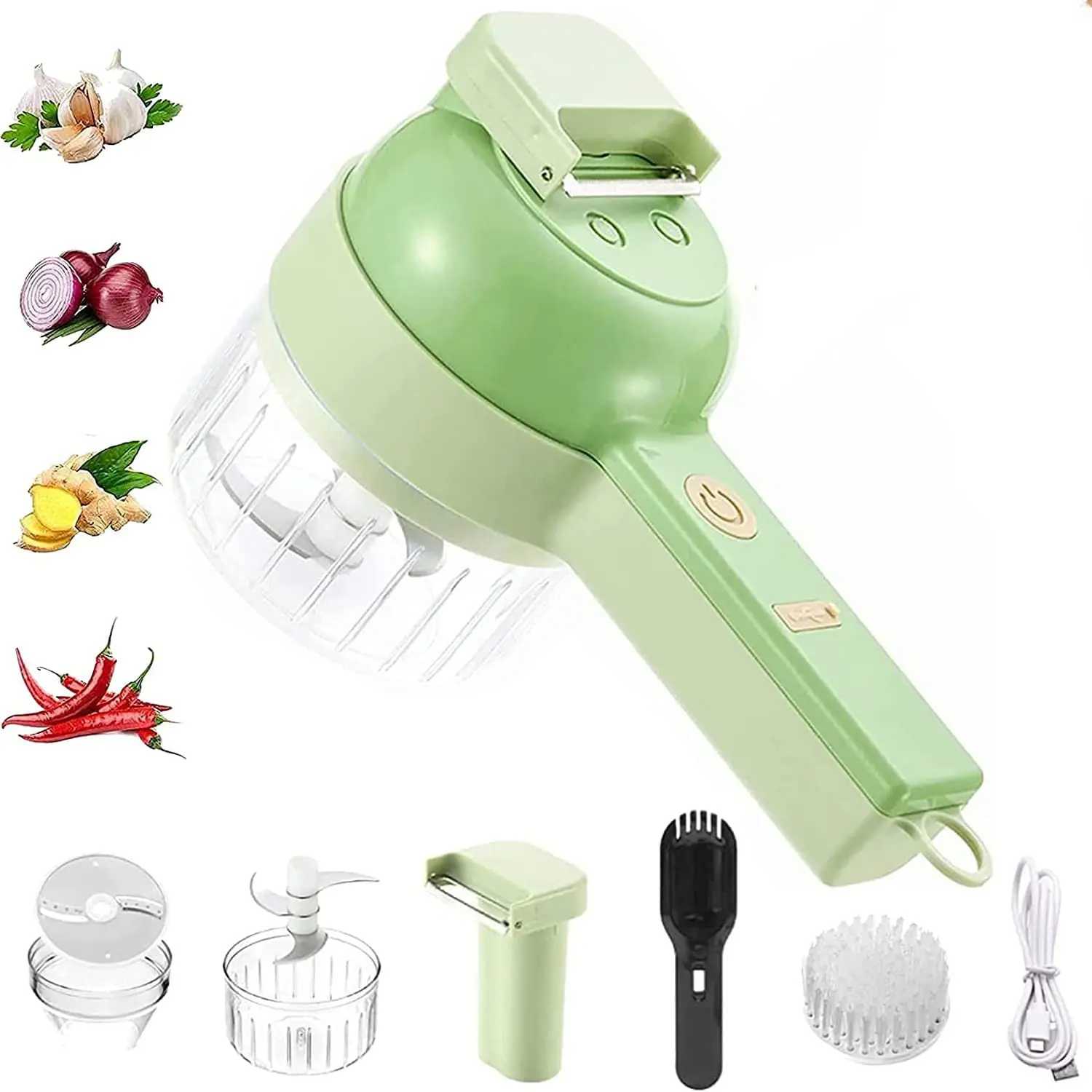 Electric Vegetable Cutter 4 In 1 Garlic Chopper Handheld Wireless Food Processor Slicer Mincer Cleaning Brush Kitchen Gadget