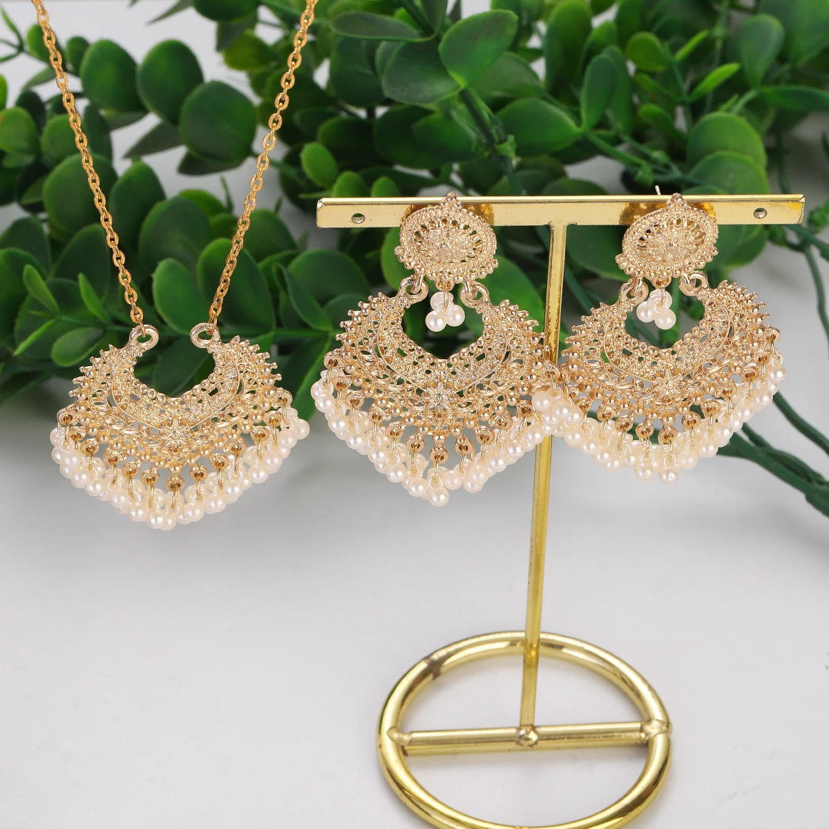 Indian Jewelry Set for Women Bijoux Retro Gold Plated Round Beads Tassel Earring Necklace Sets Ethnic Vintage Wedding Jewelry