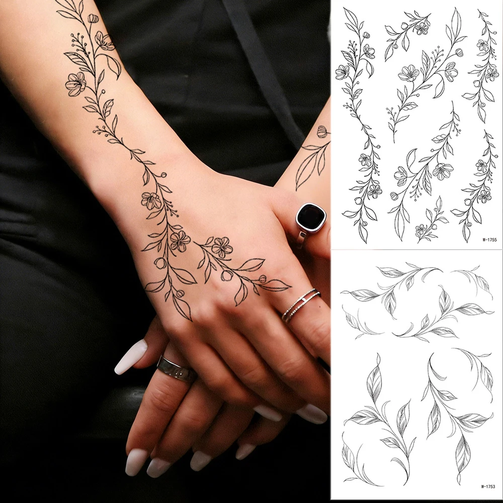 Waterproof Black Flower Tattoo Stickers for Women Leaf Floral Temporary Tattoos for Hand Arm Leg Body Art Decor Fake Tattoo