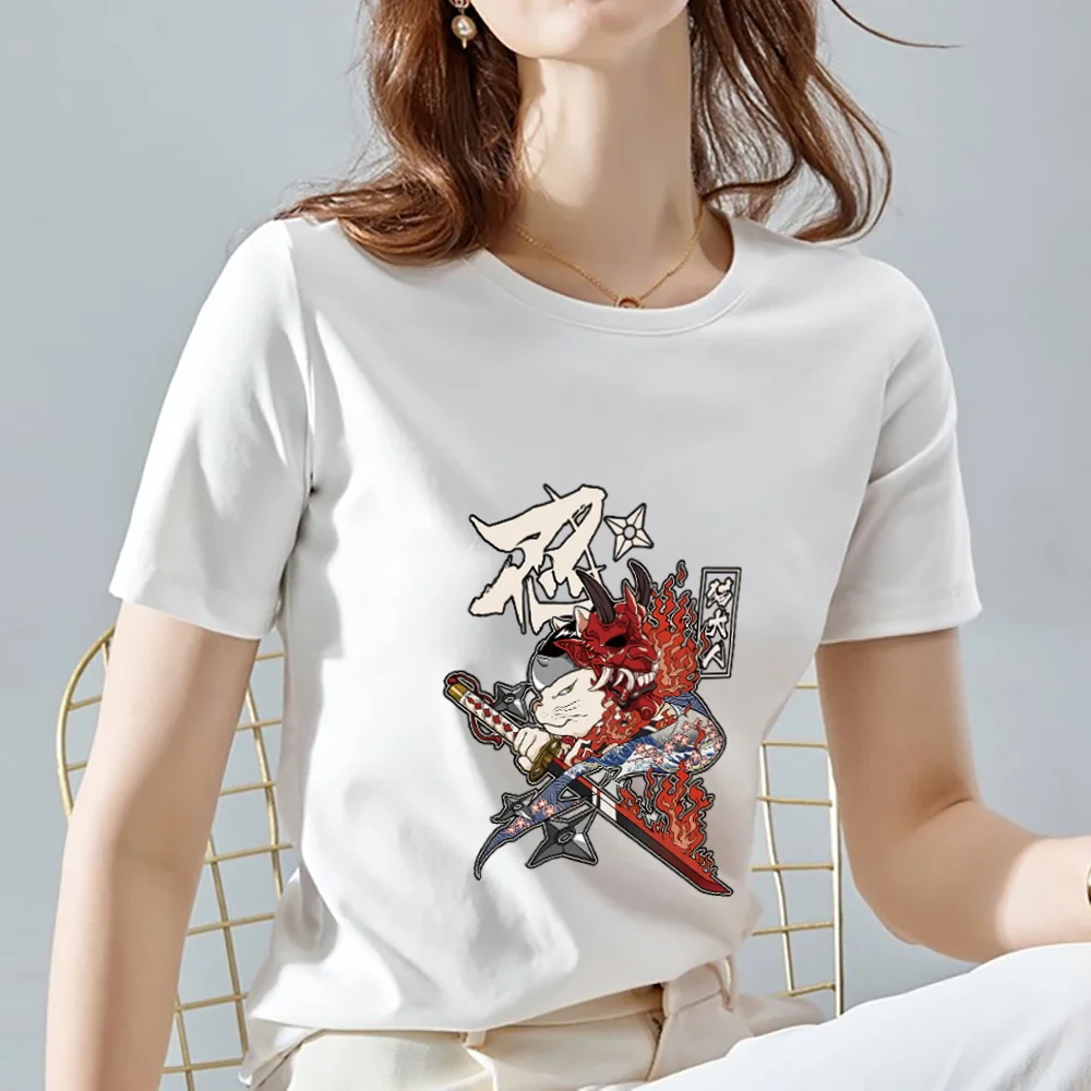 

T-shirts White Short Sleeve Top Ladies Breathable Fashion Casual Womens Comfortable Tee Summer Tops O-neck Samurai Print