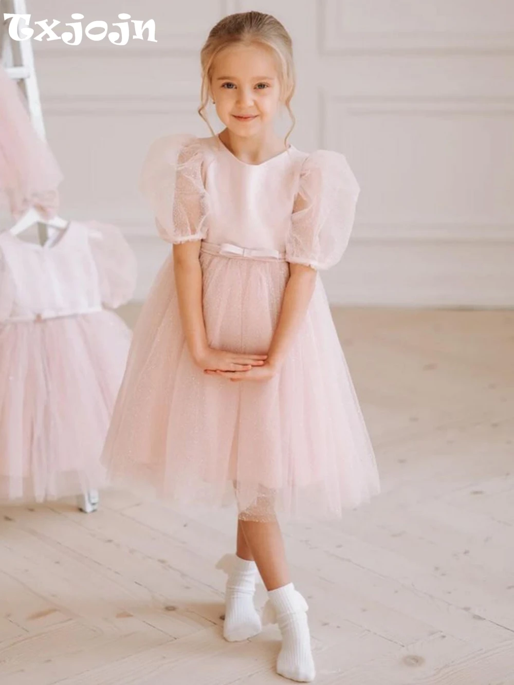 Glitter Simple A-line Tulle Girls Dresses Wedding Party Gown Pink O neck Puff Sleeve Kids Princess Gown Customized 2025