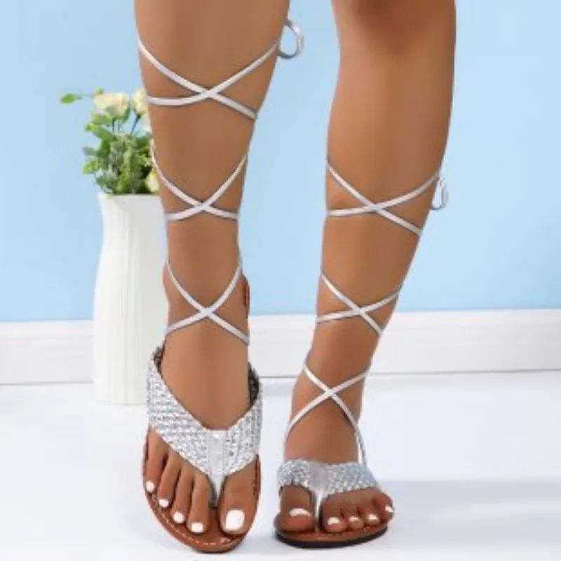 Summer Women Sandals Fad Cross Strap Sandals Light Open Toe Sandal Soft Sole Flip Flops Lace-up Flat Beach Shoes Sandalias Mujer