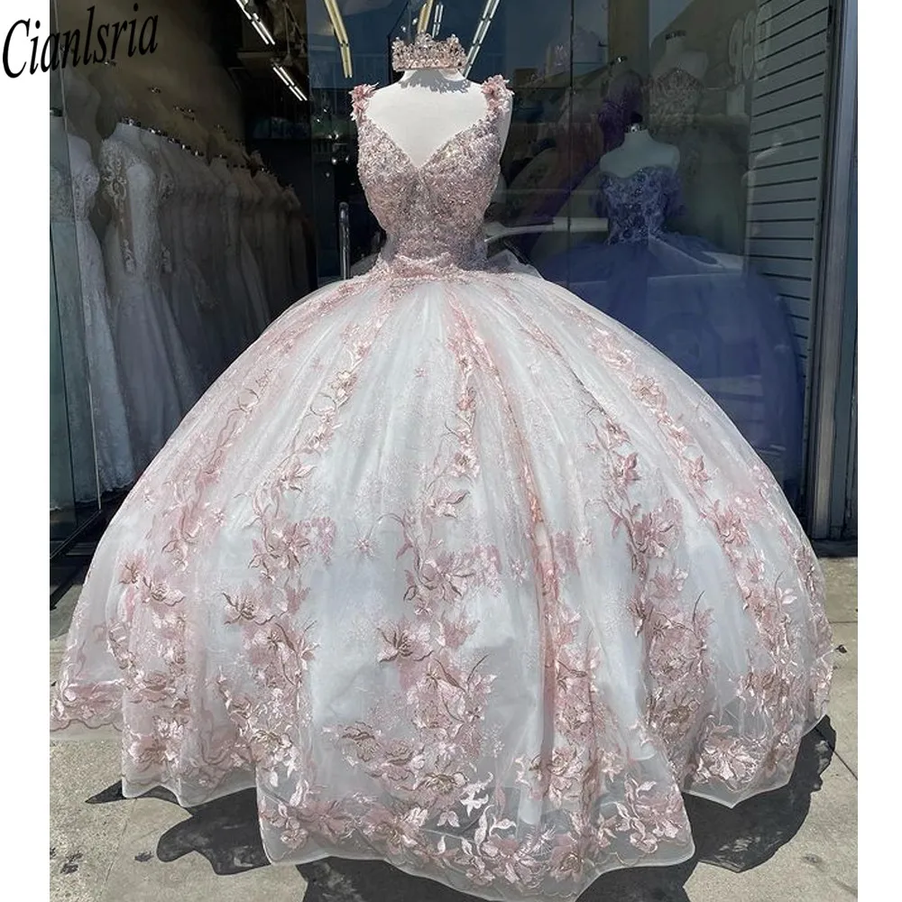 Vestido De quinceañera De princesa, apliques De flores ostentosas, rosa y blanco, fiesta dulce 16, 15 Años XV, 2022