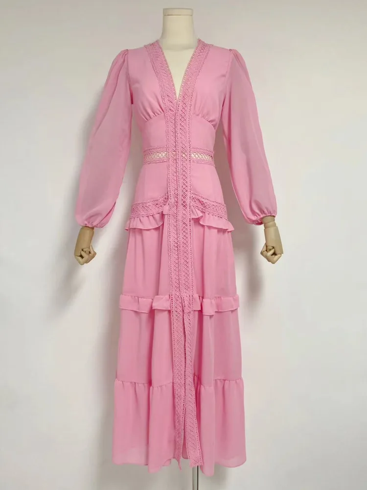 LGRQ abito da donna in Chiffon con scollo a v moda scollo a v vita scava fuori pizzo Patchwork maglia prospettiva abiti 2024 estate nuovo 19 zz517