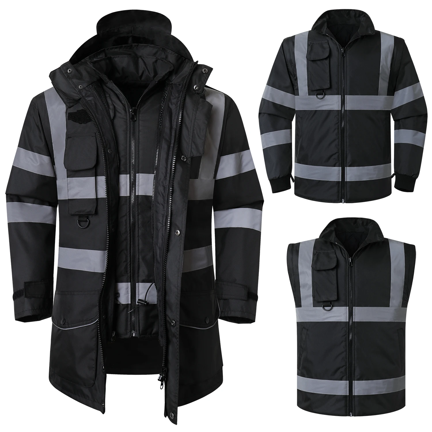 High Visibility Black Reflective Winter Safety Jacket Insulated Parka Winter Coat 7 in 1 Workwear