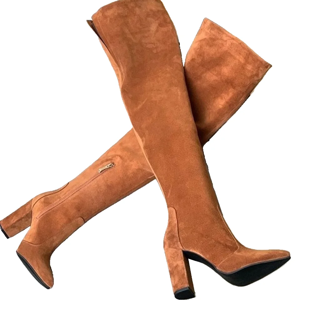 Surkova Brown Velvet Chunky Heel Thigh High Boots Women Chunky Heels Pointed Toe Over The Knee Boots Gladiator Split Dress Shoes