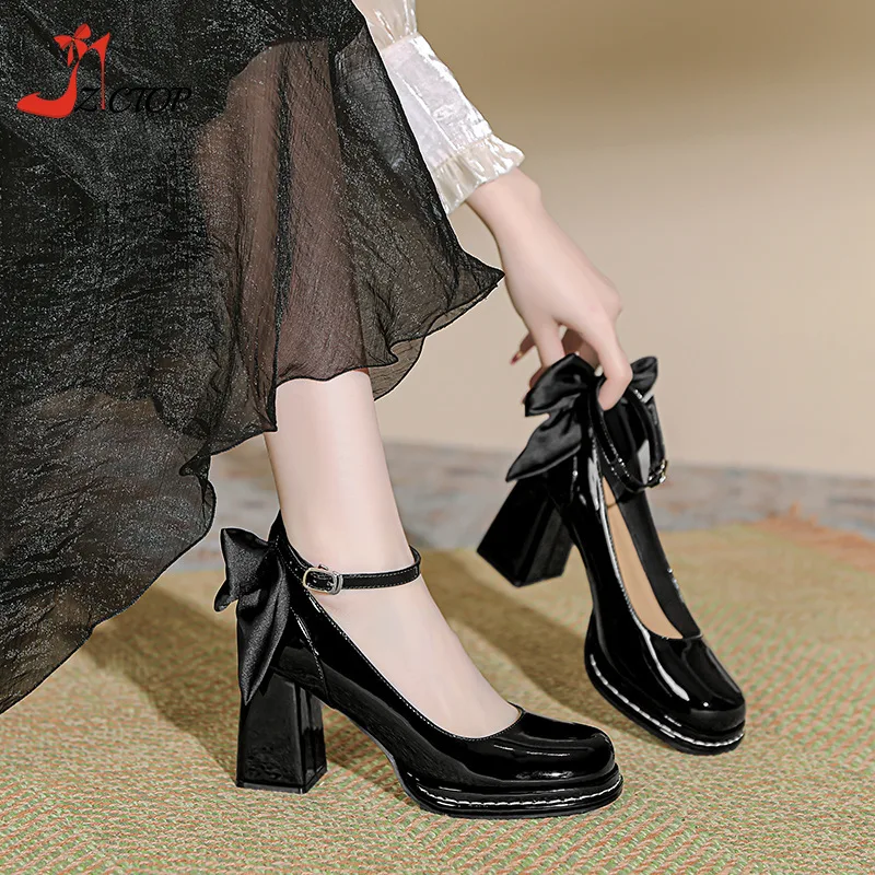 Elegant Bow Platform Pumps Women Thick High Heels Mary Jane Shoes Ladies Ankle Strap Chunky Heeled Wedding Shoes Beige Black