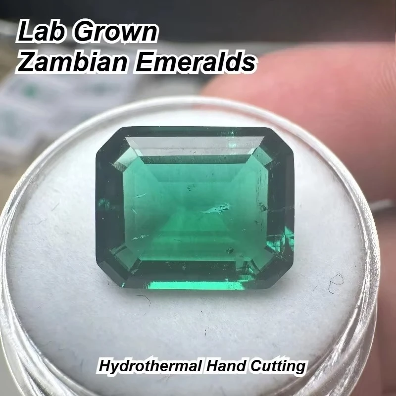 Lab Grown Zambian Emeralds Emerald Cut Hydrothermal Hand Cutting With Cracks Inclusions Inside Jewelry Making Certificate