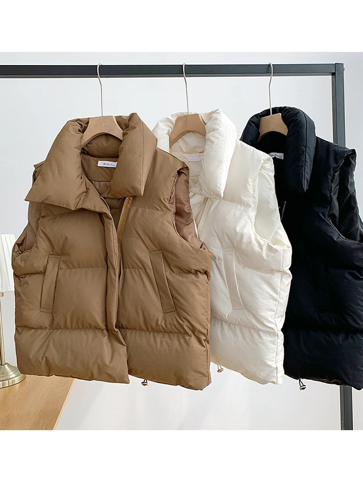 Women's Khaki Sleeveless Parka Jacket Fashion Korean Overcoat Warm Coat Vintage Harajuku Long Padded Jacket 2000s Clothes Winter