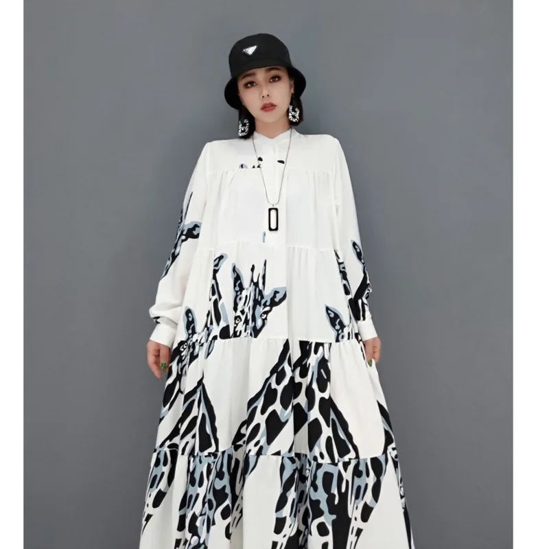 Women Long Sleeves Crew Neck Dress Loose Leisure Mid-length Printing Temperament White A-line Dress 2024 Spring Autumn LHX1756F1