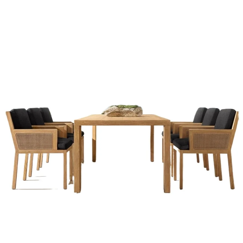 

Nordic outdoor solid wood tables and chairs, waterproof, sun-proof and preservative teak old courtyard combination rattan