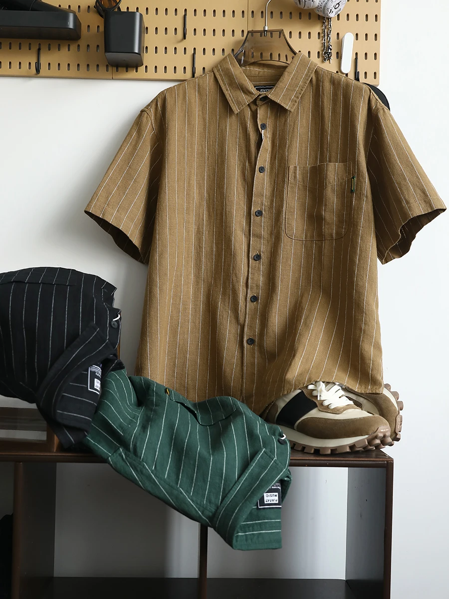 

Мужская повседневная винтажная рубашка свободного кроя из хлопка и льна с коротким рукавом, с широким воротником, в полоску, летняя, для пар