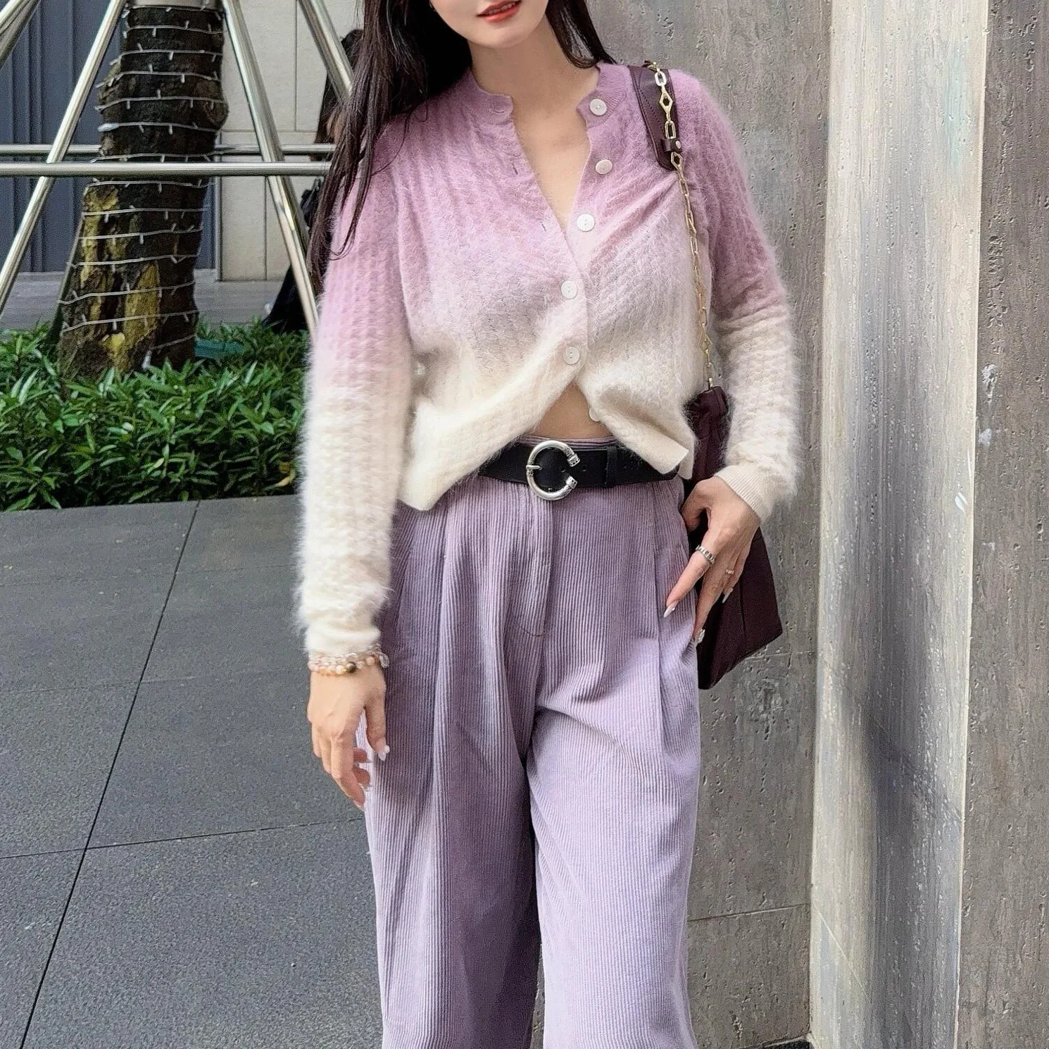 Cardigan Women Sweaters Coat Single Breasted Gradient Jackets Long Sleeve Y2k Streetwear Elegant Open Stitch Knitted Fluffy 2026