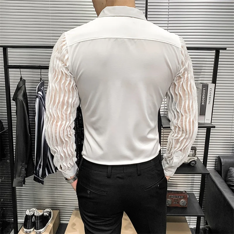 Camisa de vestir blanca sexi para hombre, manga larga, ajustada, transparente, para fiesta, cantante, disfraz de escenario Punk, camisa de esmoquin