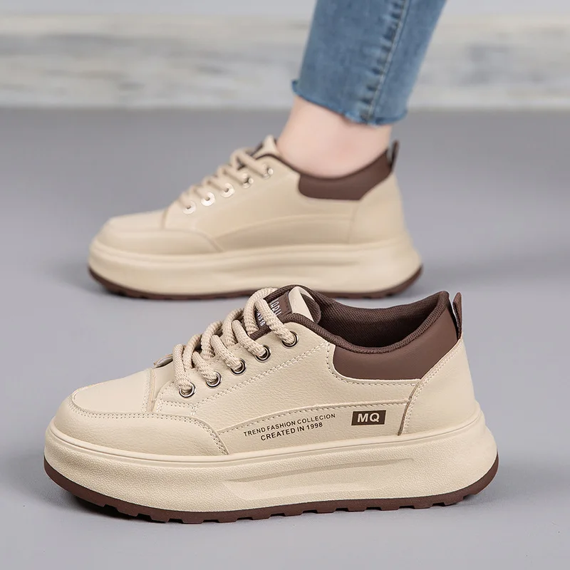 Spring Women's White Shoes Autumn New Pu Leather Thick Sole Elevated Sports Shoes Women Student Street Casual Board Shoes