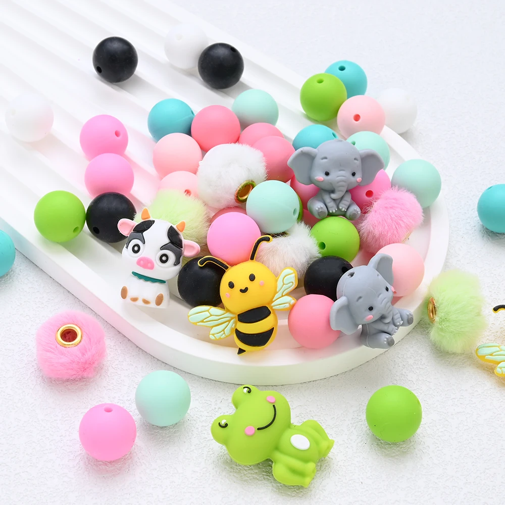 18pcs Pacifier Chain Silicone Animal Beads Baby Teether Beads Accessories for DIY Bracelet Chewable teething Toy BPA Free