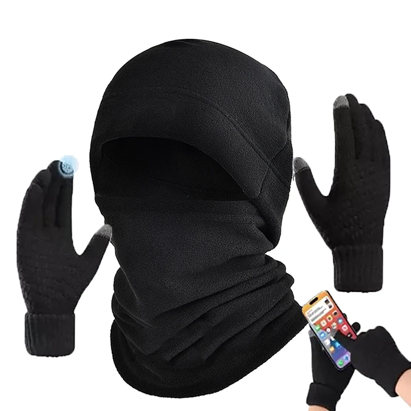 Winter Warm Hat With Touch Screen Gloves， Fleece Ski Balaclava Face Mask Neck Warmer Sports Motorcycle Riding Three Piece Set