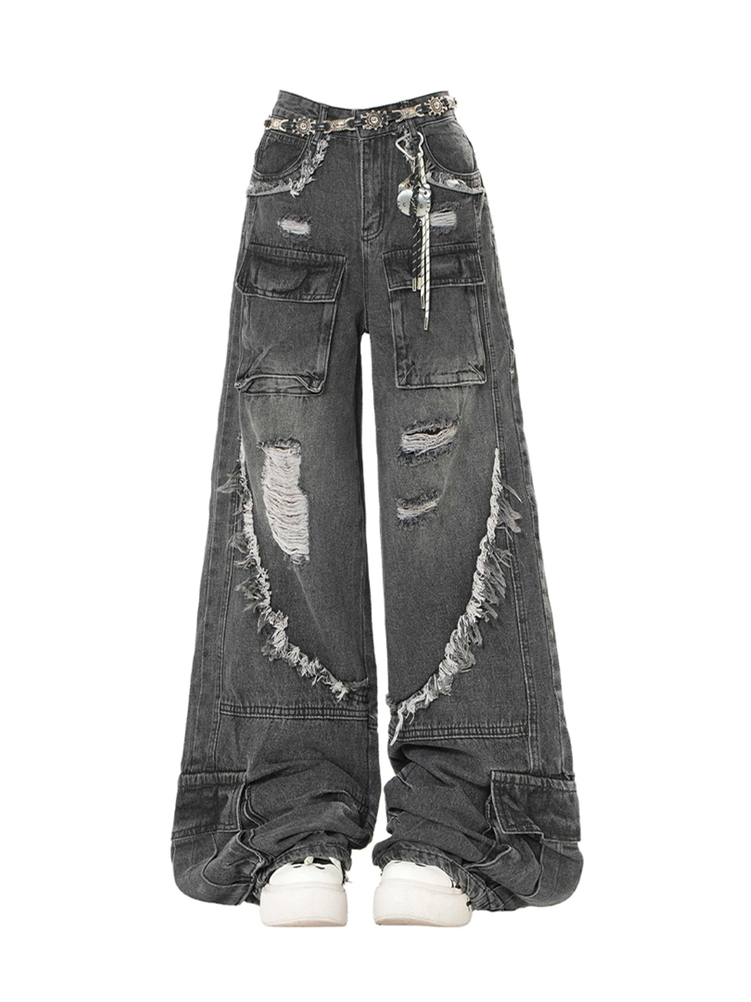 Women Black Gothic Y2k Baggy Ripped Cargo Jeans Japanese 2000s Style Jean Pants Vintage Harajuku Oversize Denim Trousers Clothes
