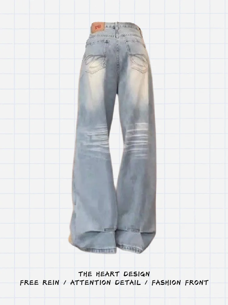 

American Retro Embroidered High Waist Wide Leg Jeans Women's Autumn Loose Straight Cut Knife Denim Pants Vintage Sle