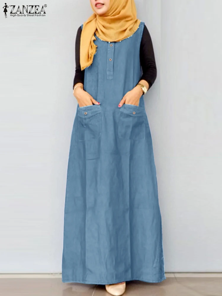 2024 Zanzea muslimischen Maxi Sommerkleid Robe Femme elegante Overalls Kleid Frauen Mode ärmellose A-Linie lose Vestidos Dubai Abaya