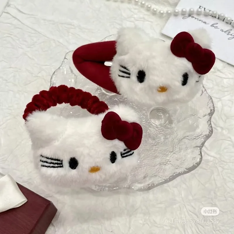 Sanrio Hello Kitty Hairpin Autumn and Winter Cute Plush Kitty Sweet Red Bow Hairpin Girl Bangs Cartoon BB Hair Accessories