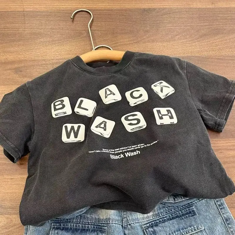 2025 Summer Dress New Handsome Boys' Letter Pure Cotton Short Sleeve Loose T-shirt Children Korean Baby Comfortable Top Trendy