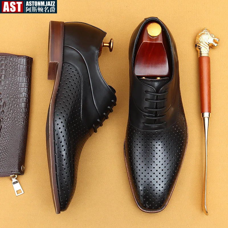 Breathable Summer Mens Hollow Dress Shoes Luxury Genuine Leather Handmade Comfortable British Style Designer Wedding Oxfords