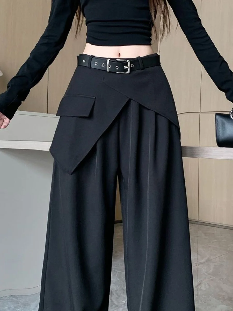 High Waist Wide Leg Pants Women's Casual Straight Cut Loose Fit Draped Floor Length Trousers Asymmetrical Design Autumn New A...