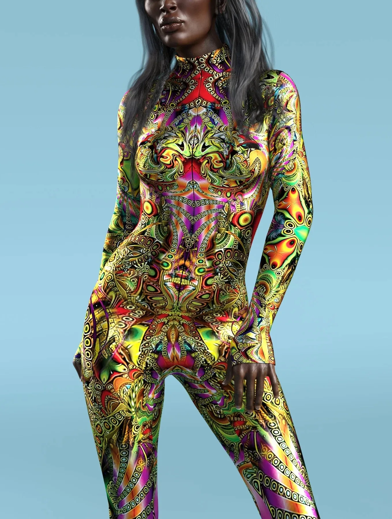 Damen Mehrfarbiger 3D-Druck Festtagsparty Regenbogen Sexy Enger Bodysuit Punk Cosplay Kostüm Performance Romper – Detail 33