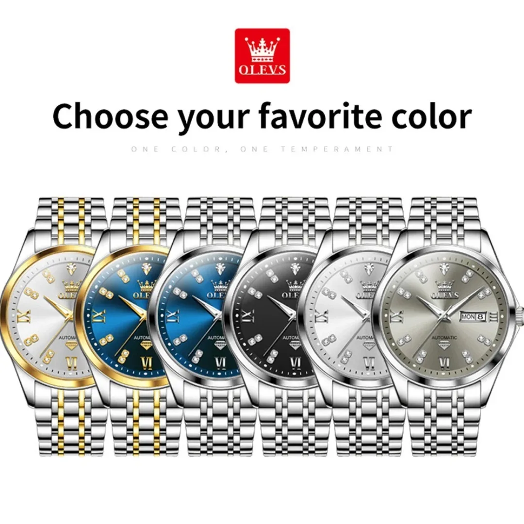 OLEVS 9801 ساعة ميكانيكية أوتوماتيكية بالكامل فاخرة موضة توربيون ساعة رجالية مرحلة القمر التقويم أسبوع مقاوم للماء ساعة Reloj