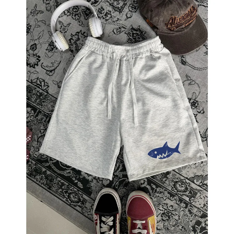 

American High Street Sle ark Print Sports orts Men's Summer Trendy Casual Dstring Straight Leg Five-Quarter Pants