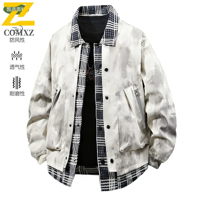 

COMXZ 2025 с 3D узором, весенняя новая поддельная джинсовая куртка в клетку из двух предметов, мужская американская свободная джинсовая куртка с принтом тай-дай, повседневный универсальный топ