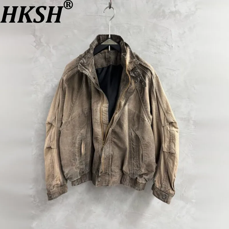 HKSH Spring Autumn Men Tide Dark Punk Waste Land Distressed Vintage Jacket Niche Design Patchwork Stand Collar Y2K Coats HK28116