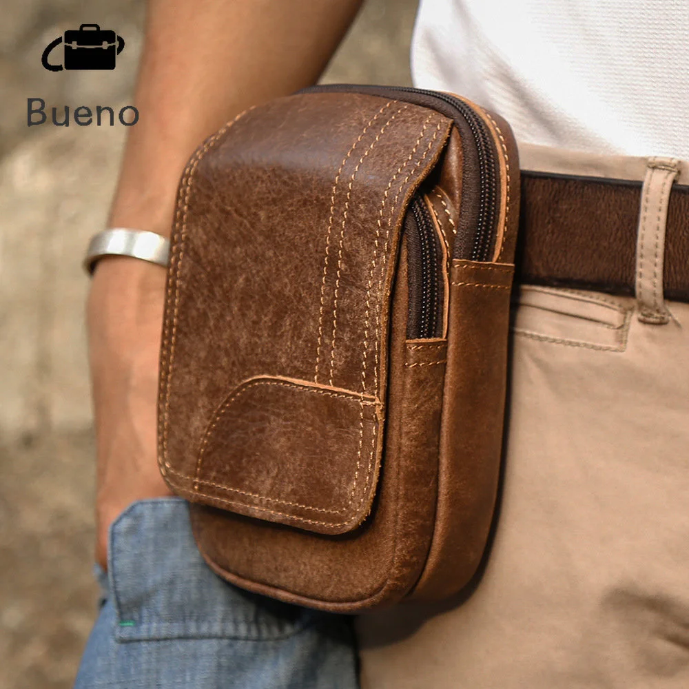 Riñonera marrón de cuero genuino para hombre, bolsa para teléfono, a la moda, cuero de vaca