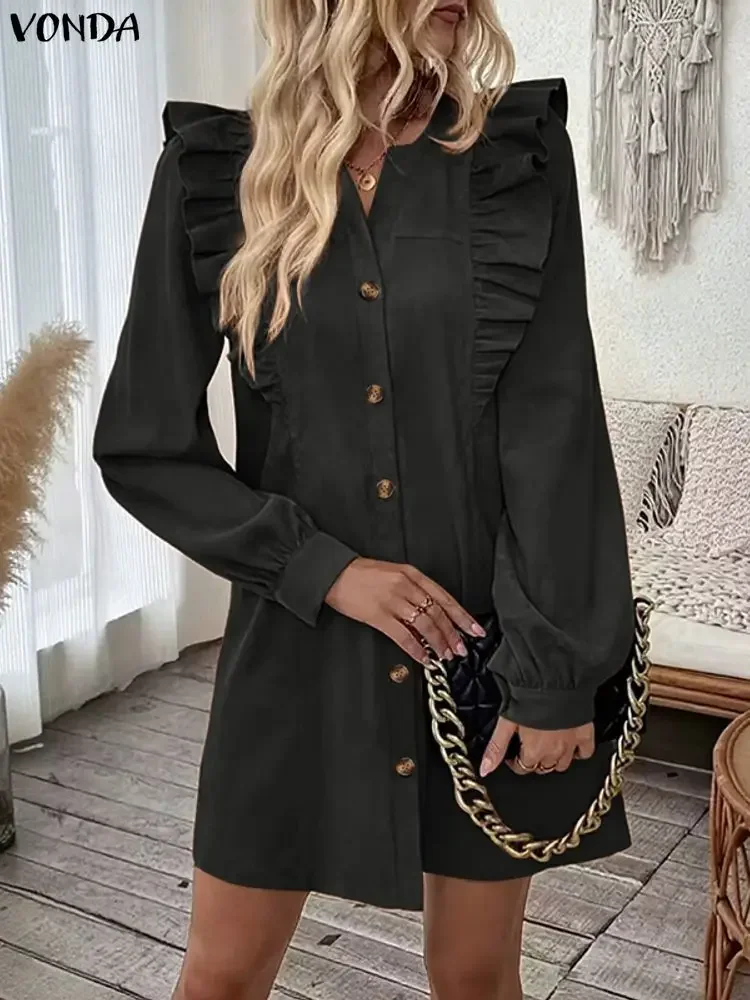 فساتين فوندا للحفلات الأنيقة للنساء مثيرة بياقة على شكل v وأكمام طويلة فستان صيفي صغير متين 2026 ربيعي غير رسمي فضفاض مكشكش ملابس الشارع الشهير #3