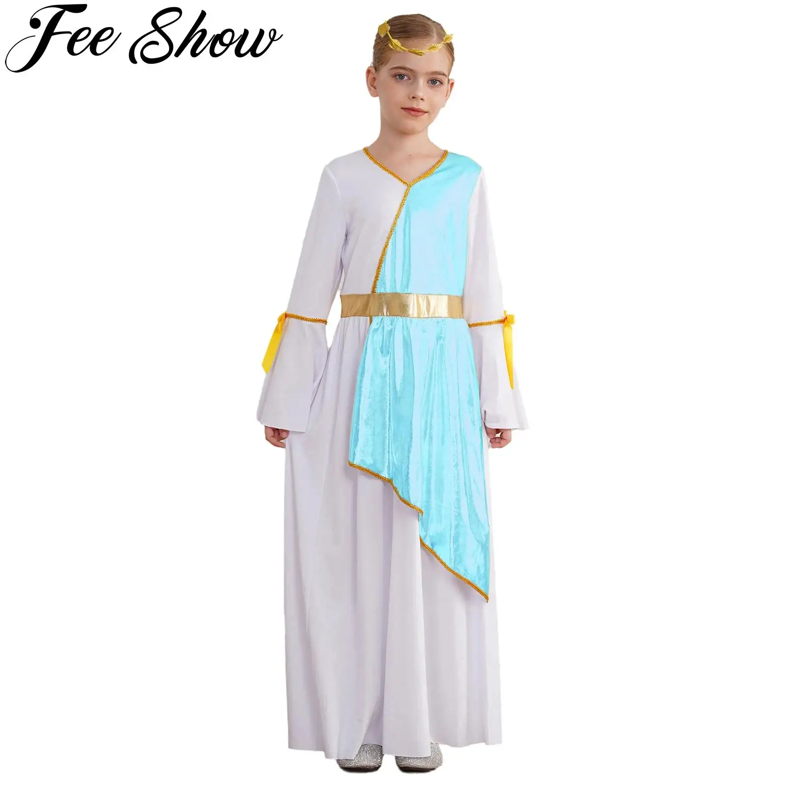 Girls Ancient Greek Goddesses Princess Cosplay Costume Halloween Themed Party Roman Toga Gold Trim Dress with Garland Headwear