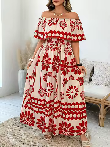 Women's Plus Size Off Shoulder Dress Romantic Date Evening Wear Elegant Printed Vacation Style Round Neck Dress