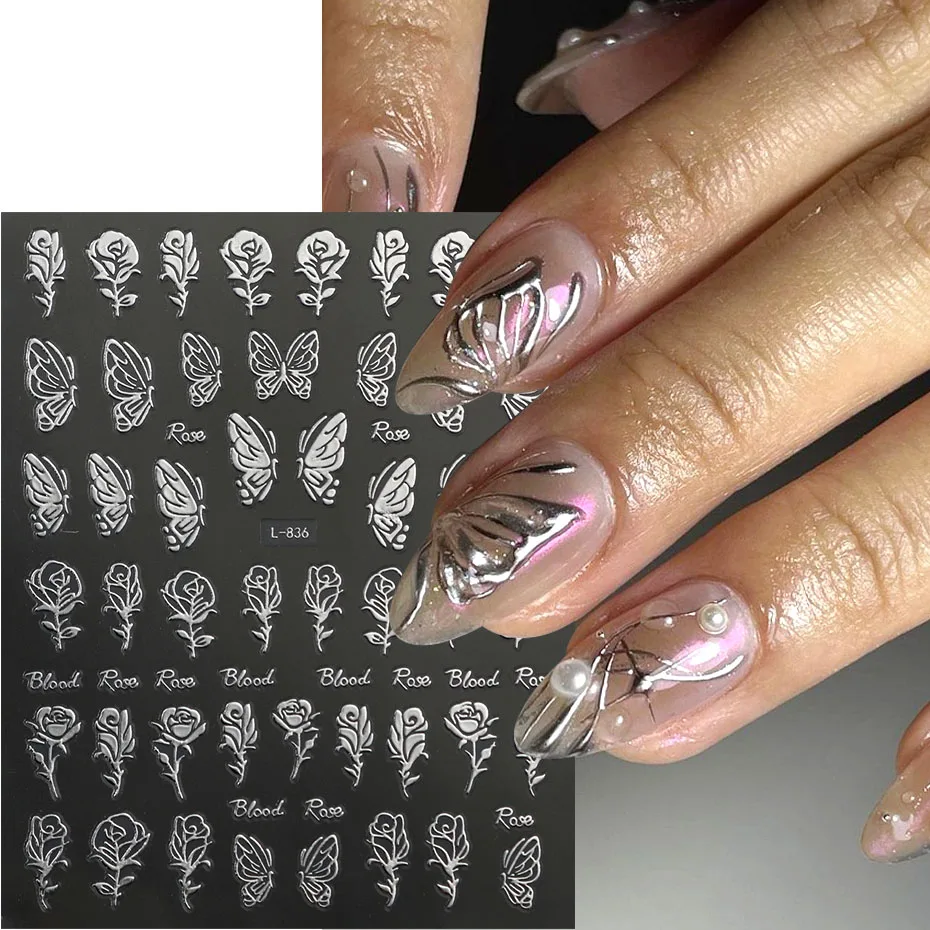 6 قطعة ملصقات أظافر فضية معدنية مجردة لهب النار الطوطم ضوء النجوم Y2K الشارات الربيع فراشة زهرة الورد لاصق ديكور #4
