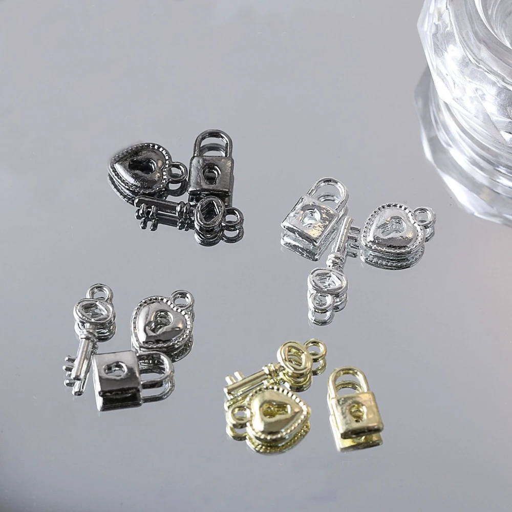 10Pcs Złoto Srebro Metalowy klucz do zamka Ozdoba do paznokci Luksusowy klucz do zamka w kształcie serca Biżuteria do paznokci Urok DIY Akcesoria do manicure — zdjęcie 4