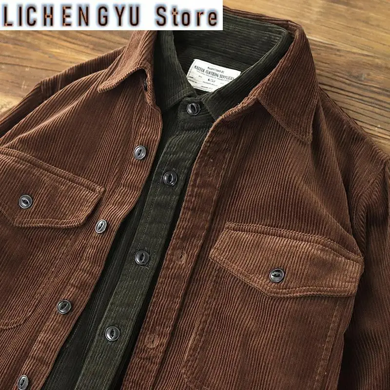 Autumn and Winter New American Retro Thick Corduroy Solid Color Cargo Shirt Men's Pure Cotton Long-sleeved Pocket Casual Blouses