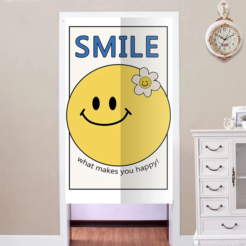 Cute Ins Smiling Face Cartoon Door Curtain Linen Partition Bedroom Bathroom Restaurant Home Noren Hanging Half-Curtain Decor