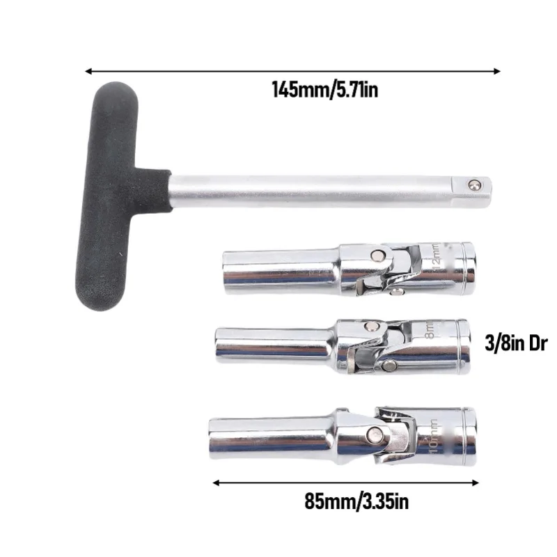 Glow Plug Socket Tool Set 3/8in Dr T Bar 8mm 10mm 12mm Broken Glow Plug Removal Tool For Automotive Repair
