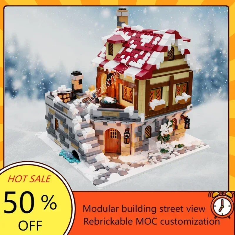 

2458 шт. таверна под снегом, модульная MOC, индивидуальная модель с видом на улицу, образовательная сборка, креативные игрушки-головоломки