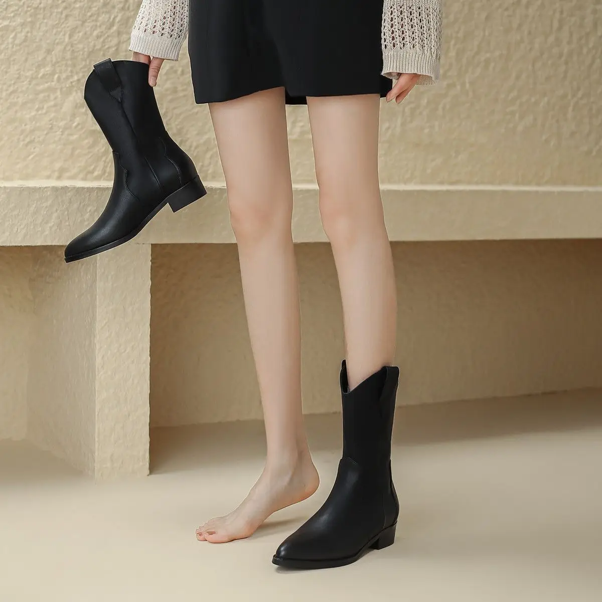 

Теплые женские туфли до середины икры на среднем каблуке, осенне-зимние ботинки, модные 2025, новые шикарные и элегантные женские полувысокие сапоги Y2k Goth