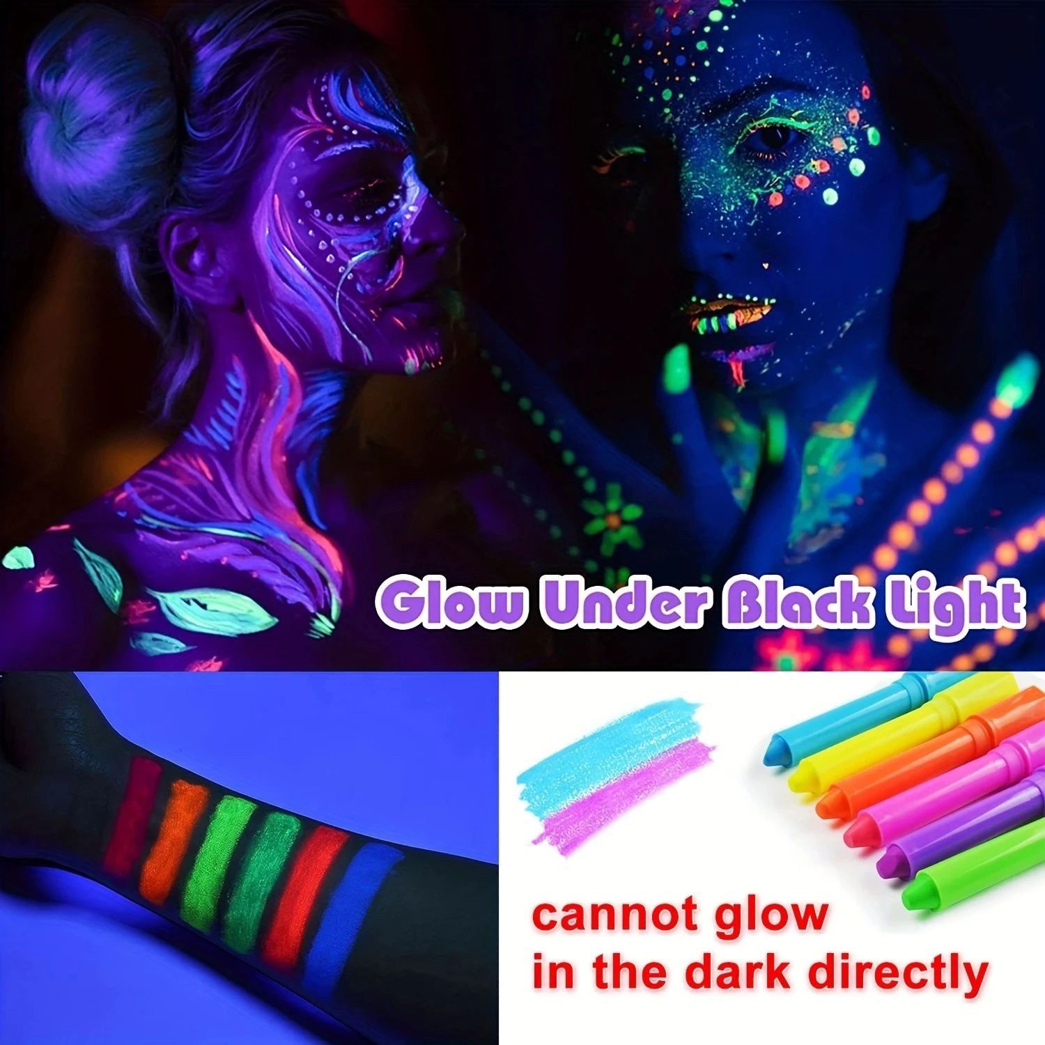 12 Pcs Glow in The Dark Body Face Paint Neon Glow in The Black Light UV Fluorescent Crayons Paint Sticks Makeup Kit for Kids Adu