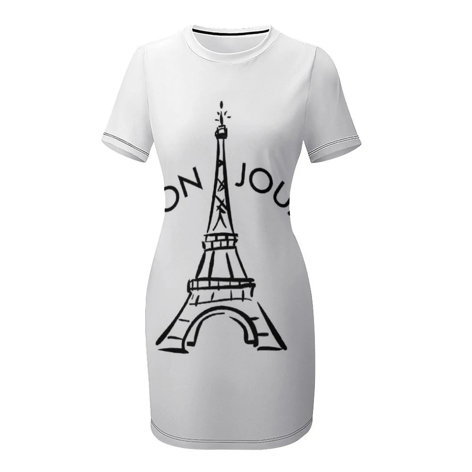 เสื้อยืดลายกราฟิกสไตล์ฝรั่งเศสย้อนยุค บองจูร์ แขนสั้น ชุดเดรสวันเกิด