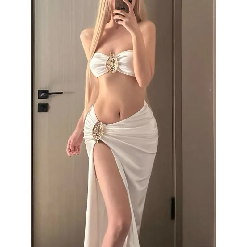 Bikini Set European and American Style Women's Metal Pleated Camisole Small Vest Slit Swimsuit Seaside Vacation Beach Skirt
